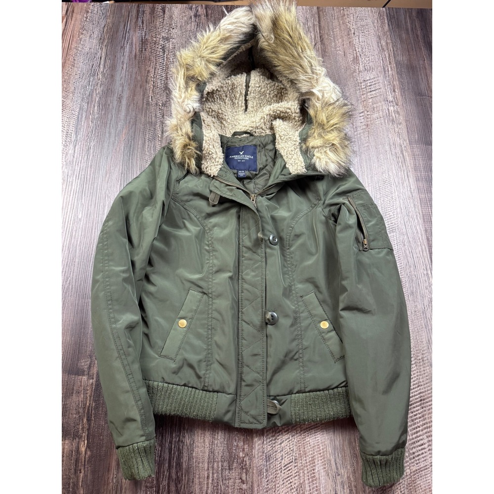American Eagle Olive Green Bomber Jacket Sherpa Hood Faux Fur XS